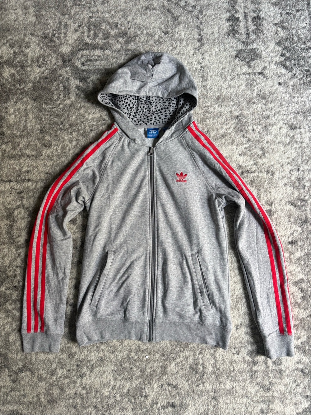 adidas Gray Zip Hoodie with Red Stripe Accents